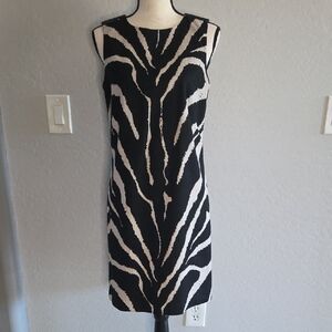 LOFT Women's Black and Tan Zebra Patterned Mini Shift Dress Size 6